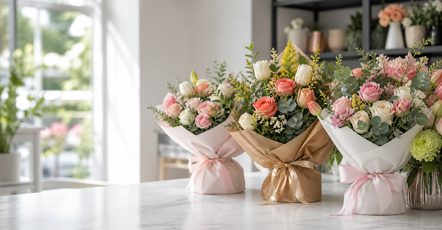 Fresh bouquets on a flower shop counter